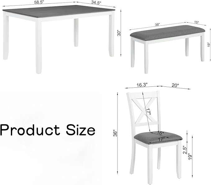 Dining Table Set for 5, 6-Piece Kitchen Table & Chairs Set with Rectangular Table, Bench & 4 Upholstered Chairs, 58.5'' Dinner Set with Wood Legs & X-Shaped Backrest for Kitchen, White&Gray