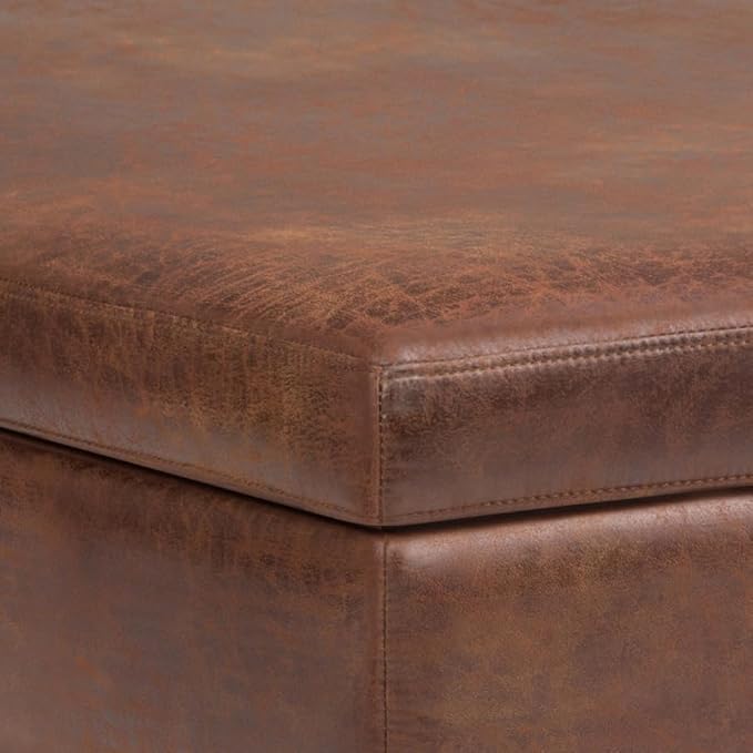 SIMPLIHOME Owen 40 inch Wide Mid Century Modern Square XL Coffee Table Storage Ottoman in Distressed Saddle Brown Vegan Faux Leather, Assembled, For the Living Room, Entryway and Family Room