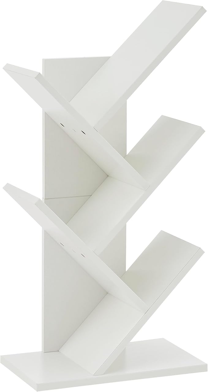 Hoctieon 4 Tier Tree Bookshelf, 4 Shelf Bookcase, Free Standing Tree Bookcase, Display Floor Standing Shelf for Books, Book Organizer Shelves for Home Office, Living Room, Bedroom, White