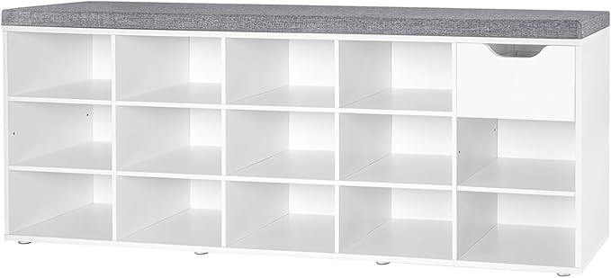 DINZI LVJ Shoe Bench, Entryway Storage Bench with Drawer and 14 Cubbies, Long Cubby Shoe Rack with Adjustable Shelves, Organizer for Living Room, Bedroom, Mudroom, Garage, White