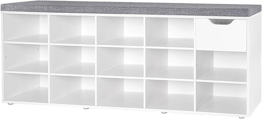 DINZI LVJ Shoe Bench, Entryway Storage Bench with Drawer and 14 Cubbies, Long Cubby Shoe Rack with Adjustable Shelves, Organizer for Living Room, Bedroom, Mudroom, Garage, White