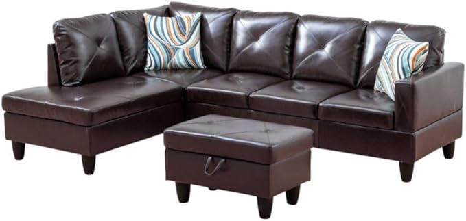 Brown L-Shaped 3-Piece Faux Leather Sofa with Storage Ottoman Set, Sectional Couch Sofa Set for Living Room, Office, Small Space