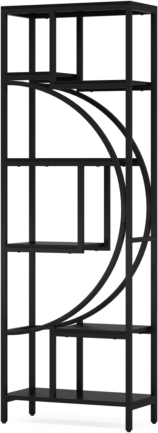 Geometric Bookshelf, 70.9" Tall Bookcase with 7-Shelf Open Shelves, Wood Metal Book Shelf Display Rack Storage Shelving Unit for Office, Bedroom, Living Room, Easy Assembly, Black