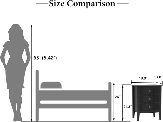 OCANDO Fluted Black Nightstand 19", 3 Drawers Night Stand, Bed Side End Table for Small Living Room, Modern Bedroom Storage Cabinet