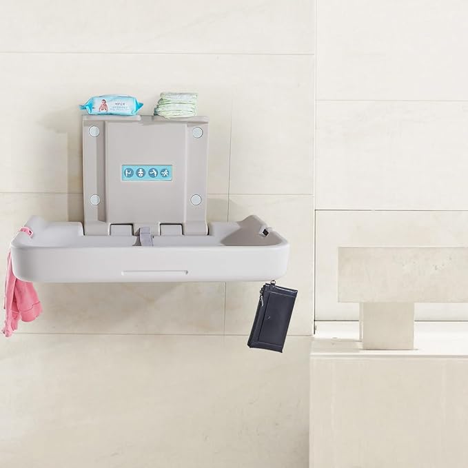 Fold Down Baby Changing Station Wall Mount Horizontal Baby Change Table with Safety Straps for Commercial Restrooms (2 White Granite)