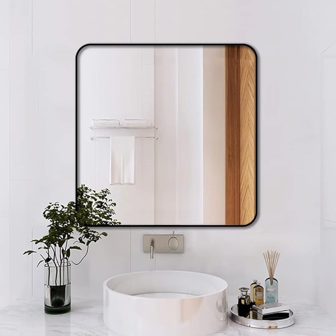 30"x30" Bathroom Wall Mirror with Matte Black Metal Frame & HD Glass, Copper-Free Mirrors Modern Rectangle Round Corner Framed Vanity Mirror - Horizontal or Vertical Installation