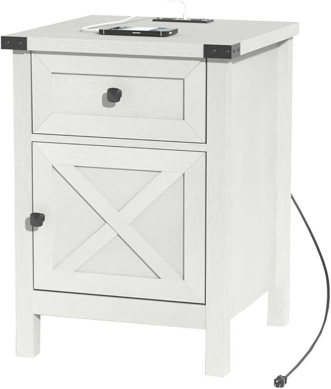 Farmhouse Nightstand with Charging Station, White Side Table, Rustic End Table with Barn Door and Drawer, Rustic Floating Nightstands Modern Bed Side Table Night Stand for Bedroom and Living Room