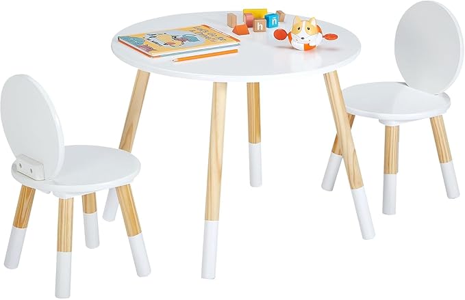 VECELO Round Table and Chair Set Playroom Furniture Wooden, Modern Minimalist Design, Compact Size, Easy Assembly, White