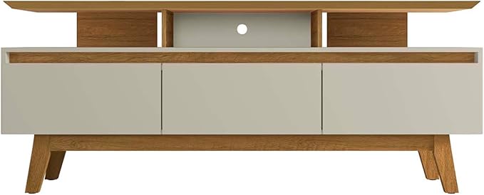 Manhattan Comfort Yonkers 71 Inch Mid Century Modern TV Stand with Storage, 3 Flip Down Door, Hole for Wire Management, Fits Up to 60" Television, Durable & Versatile Console Table, Off White/Cinnamon
