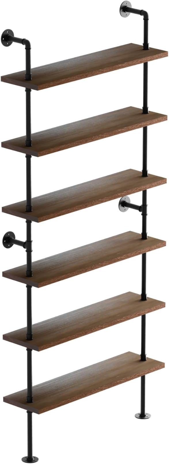 6 Tier Industrial Ladder Shelf Bookcase, Wall Mounted Rustic Bookshelf for Living Room Decor and Storage (Walnut Color, 6 Tier - 10" D x 36" W x 82.5" H)