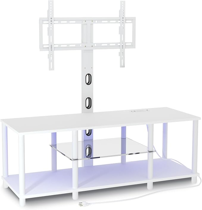 TV Stand with Mount and Led Light，White TV Stand with Power Outlets for 32/40/43/50/55/60/65/70 Inch TV,Entertainment Center with Open Storage Shelf for Bedroom/Living Room/Office
