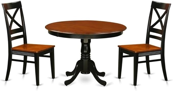 East West Furniture HLQU3-BCH-W 3 Piece Dining Table Set for Small Spaces Contains a Round Dining Room Table with Pedestal and 2 Wooden Seat Chairs, 42x42 Inch, Black & Cherry