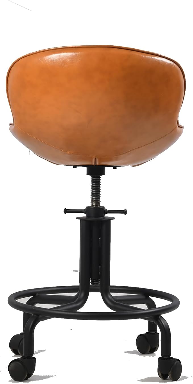 Topower Antique Industrial Design Metal Adjustable Height Kitchen Dining Breakfast Chair Industrial Style Bar Stool with Wheels, Fully Welded, Cinnamon PU Leather Seat