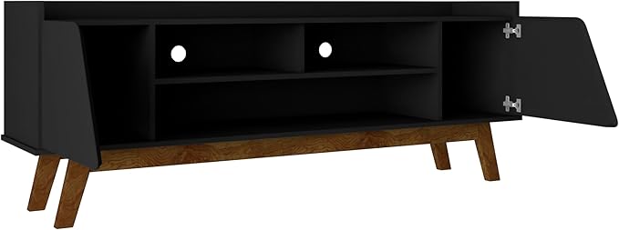 Manhattan Comfort Marcus Mid Century Modern 65 Inch TV Stand with Solid Wood Legs, Cable Management, 5 Shelves and Soft Close Doors, Entertainment Center and Media Console for Living Room, Black