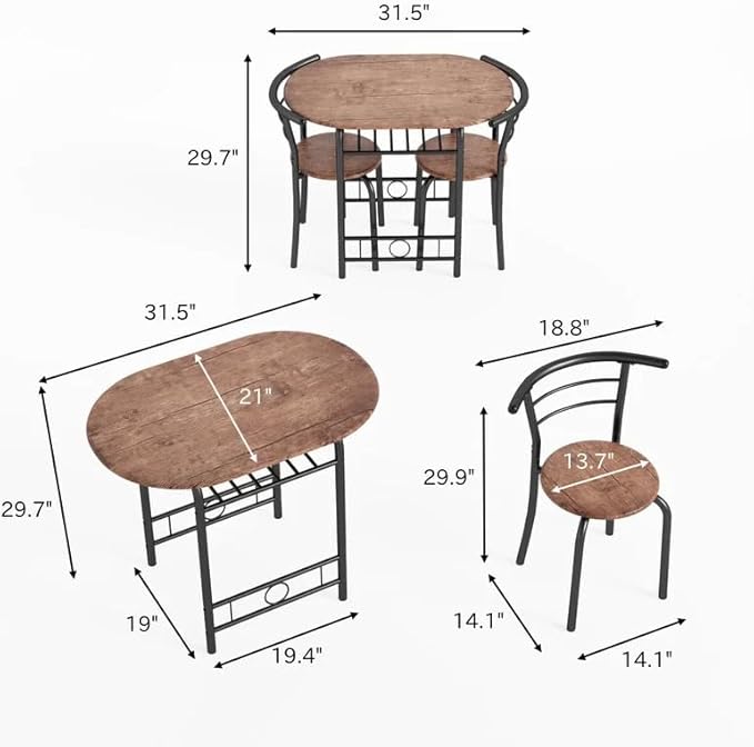 Shahoo 3-Piece Wooden Dining Table Set, Kitchen Breakfast Nook Sets with 2 Chairs & Round Tabletop, Space Saving Furniture Metal Frame and Built-in Wine Rack, Brown
