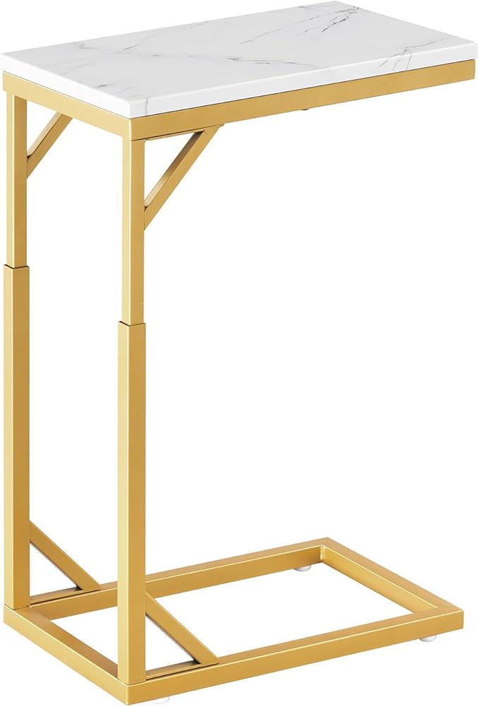 C-Shaped End Table, Small Sofa Table with Metal Frame, Adjustable Height Side Table for Couch, Living Room, Bedroom, Bedside (Gold, Small)