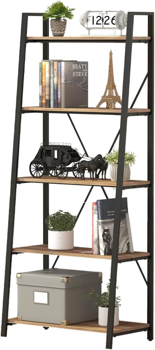 BON AUGURE Industrial 5 Tier Ladder Bookshelf, Wood and Metal Ladder Shelf Bookcase, Farmhouse Leaning Shelves for Living Room (Vintage Oak)