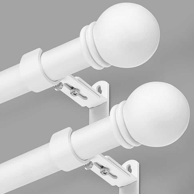 Curtain Rods for Windows 16 to 136 Inches, Curtain Rod Max Adjustable Length of 144 IN, 6/8" Diameter Drapery Rods Round Finials, White, Pack of 2