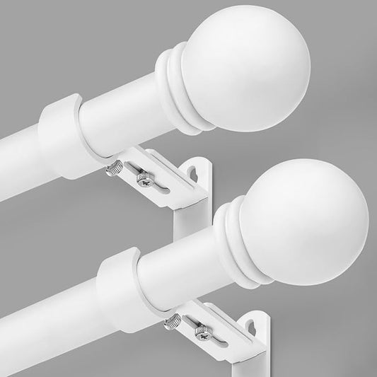 Curtain Rods for Windows 16 to 136 Inches, Curtain Rod Max Adjustable Length of 144 IN, 1" Diameter Drapery Rods Round Finials, White, Pack of 2