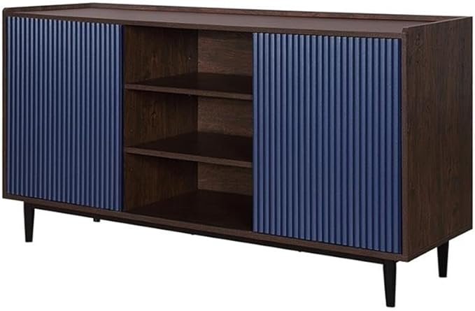 Manhattan Comfort Duane 59-Inch Ribbed Mid Century Modern Sideboard, Versatile Dining & Living Room Buffet Table with 3 Adjustable Center Shelves & 2 Side Cabinets, Navy Blue