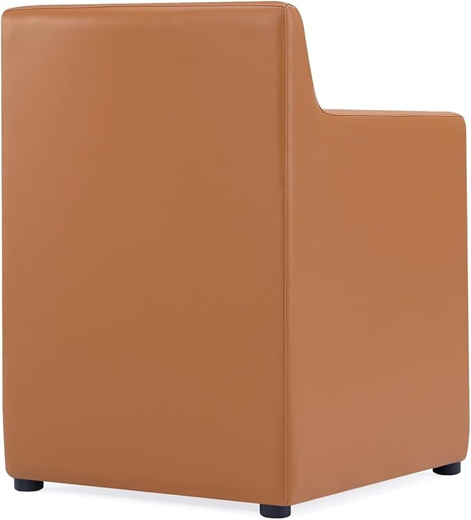 Manhattan Comfort Anna Square Modern Dining Chair with Arms, Head-to-Toe Faux Leather Upholstered Accent Armchair with Plastic Foot Padding, Set of 1, Saddle