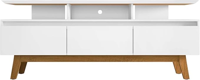 Manhattan Comfort Yonkers 71 Inch Mid Century Modern TV Stand with Storage, 3 Flip Down Door, Hole for Wire Management, Fits Up to 60" Television, Durable & Versatile Console Table, White