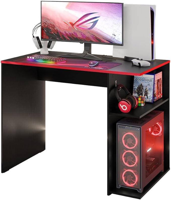 Madesa Gaming Computer Desk 39 Inch with 2 Shelves and Headphone Hanger Wooden Sturdy Home Office Table for Kids and Adults - Black/Red