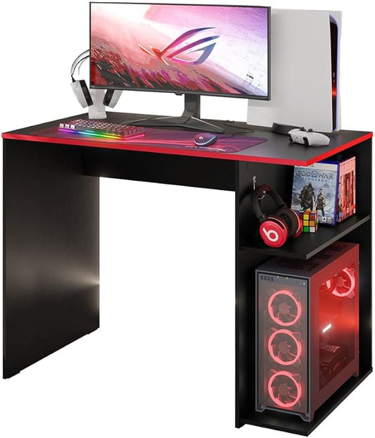 Madesa Gaming Computer Desk 39 Inch with 2 Shelves and Headphone Hanger Wooden Sturdy Home Office Table for Kids and Adults - Black/Red