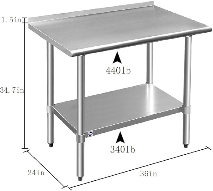 ROCKPOINT Stainless Steel Table for Prep & Work with Backsplash 24x36 Inches, NSF Metal Commercial Kitchen Heavy Duty Table with Adjustable Under Shelf and Table Foot for Restaurant, Home and Hotel