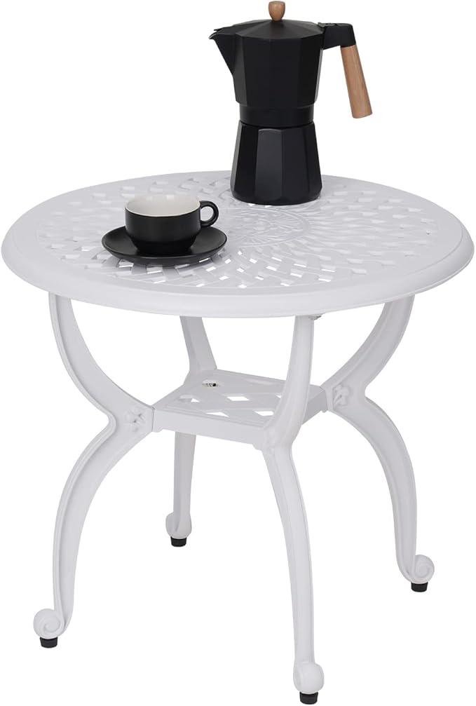 JARDIN DE CENTENNIAL Cast Aluminum Outdoor Side Table,Anti-Rust Outdoor End Table,Patio Coffee Bistro Table for Indoor,Garden,Porch,Balcony(Round White)