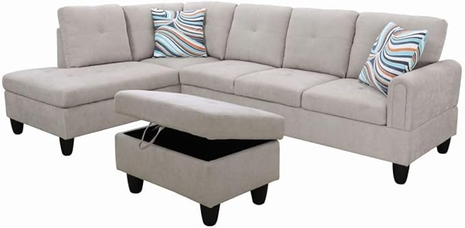 Grey White L-Shaped 3-Piece Flannel Sofa with Storage Ottoman Set, Sectional Couch Sofa Set for Living Room, Office, Small Space