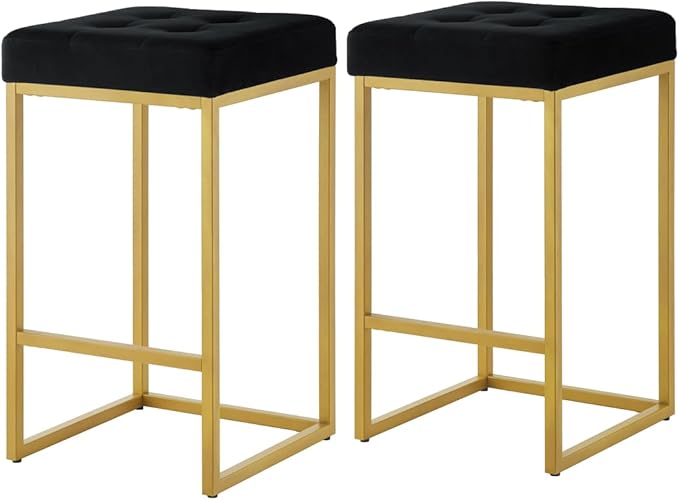 24KF Contemporary Counter Height Bar Stool Set of 2 for Kitchen Island, 26" H Velvet Padded Gold Barstool Bar Chair,5066-Black