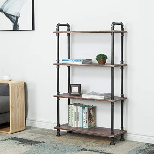 Industrial Bookcase, Solid Pine Open Wood Shelves, Rustic Modern Industrial Pipe and Solid Wood Style Bookshelf (4-Layers)