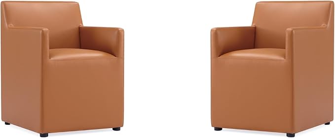 Manhattan Comfort Anna Square Modern Dining Chair with Arms, Head-to-Toe Faux Leather Upholstered Accent Armchair with Plastic Foot Padding, Set of 2, Saddle