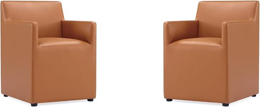 Manhattan Comfort Anna Square Modern Dining Chair with Arms, Head-to-Toe Faux Leather Upholstered Accent Armchair with Plastic Foot Padding, Set of 2, Saddle