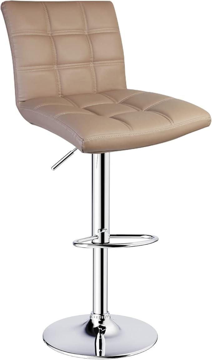 Leopard Modern Square PU Leather Adjustable Bar Stools with Back, Square Back Bar Stools Set of 2, Counter Height Swivel Stool (Khaki)