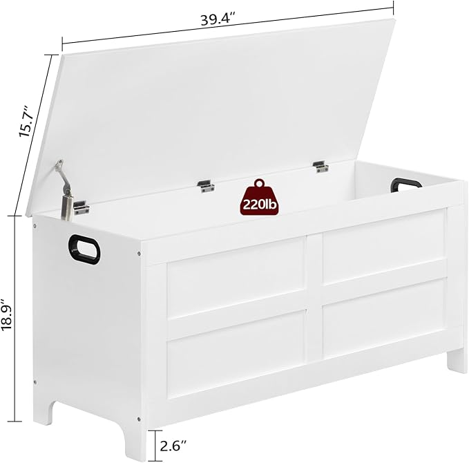 Storage Chest, 39.4” Large Toy Chest, Entryway Storage Trunk, Storage Bench with Safety Hinge, Entrance Bench for Living Room, Entrance, Bedroom, White SCWT48301