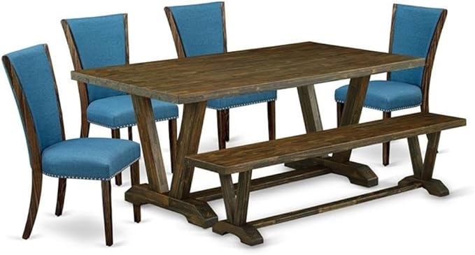 East West Furniture V777VE721-6 6 Piece Dining Table Set Contains a Rectangle Dining Room Table with V-Legs and 4 Blue Color Linen Fabric Parson Chairs with a Bench, 40x72 Inch, Multi-Color