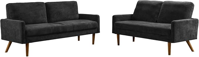 Kent 2 Piece Velvet Sofa and Loveseat Set, European Style with Modern & Vintage Flair, Upholstered 5 Seater Couch, Chic Living Room Furniture Seating for Home, Apartment or Office, Black