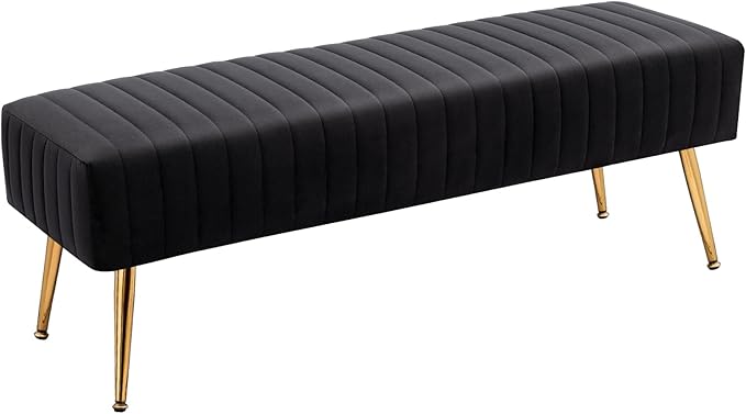 Furniliving 44 Inch Bedroom Bench, Upholstered Tufted Striped Fabric Ottoman Benches with X-Shaped Metal Legs for Living Room, Entryway Solid Wood Indoor Bench for Foyer (Black)