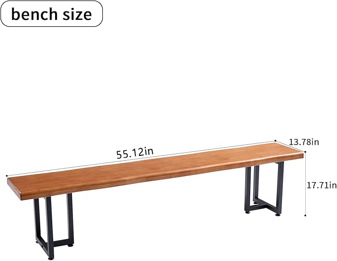 Durable Solid Wood Top Bench with Metal Triangular Legs – Stylish Long Dining Bench for Home, Office, Restaurant & Patio (Wooden Brown Bench, 55.12in)