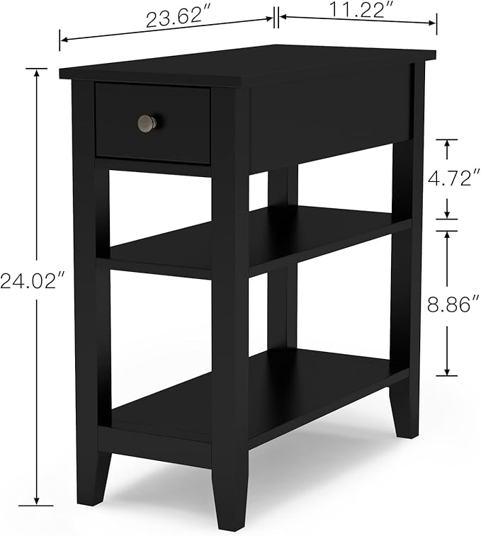 ChooChoo Side Table Living Room, Narrow End Table with Drawer and Shelf, 3-Tier Sofa End Table for Small Space, Black