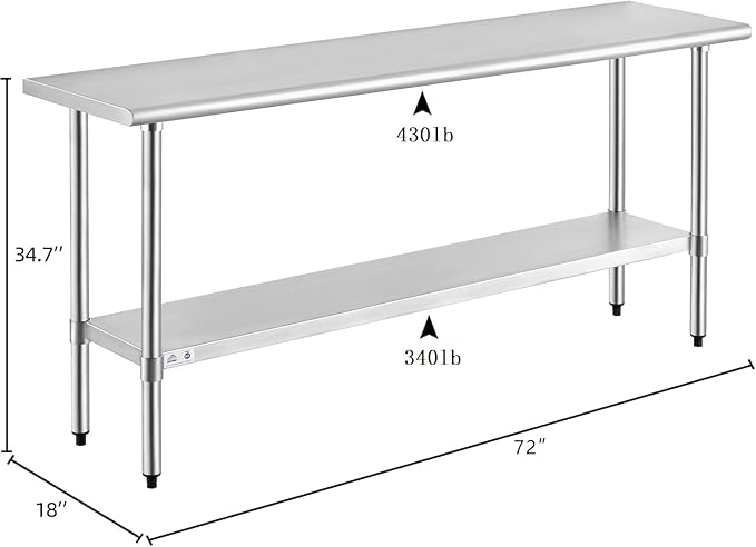 ROCKPOINT Stainless Steel Table for Prep & Work 18x72 Inches, NSF Metal Commercial Kitchen Heavy Duty Table with Adjustable Under Shelf and Table Foot for Restaurant, Home and Hotel