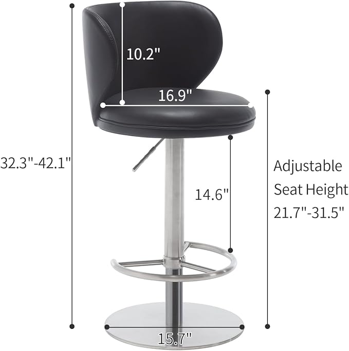 Black Titanium Stainless Steel Bar Stools,Grade Modern Leather Bar Chair with Backrest,Swivel Adjustable Height for Kitchen Counter and Dining Room (Black Leather-2pcs)