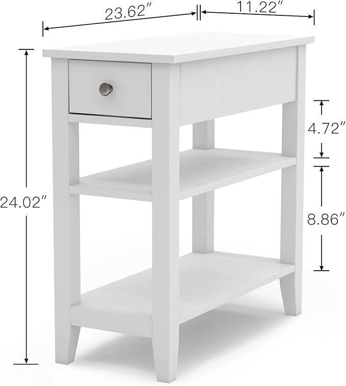 ChooChoo Side Table Living Room, Narrow End Table with Drawer and Shelf, 3-Tier Sofa End Table for Small Space, White
