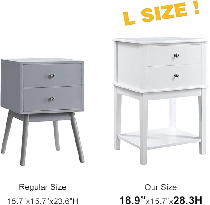 conifferism White Nightstand 2 Drawers and Storage Shelf, 28" High Bedroom Night Stand, Contemporary Modern Bed Side Table, Living Room Country Cottage 19" Wide End Table Metal Sliders