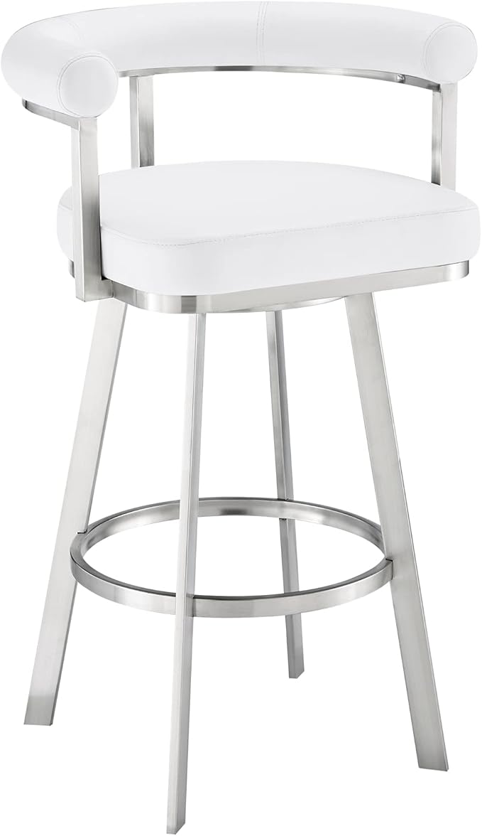 Armen Living Magnolia Swivel Bar Stool in Brushed Stainless Steel with White Faux Leather