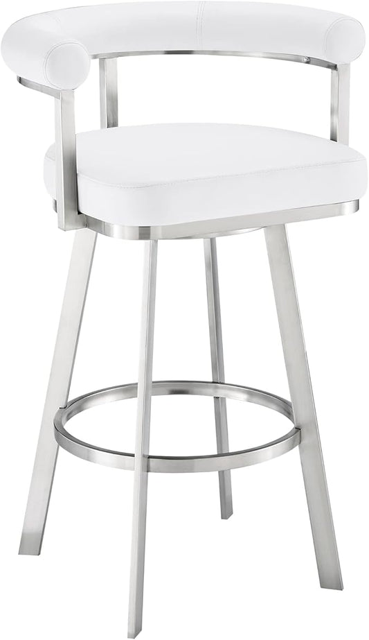 Armen Living Magnolia Swivel Bar Stool in Brushed Stainless Steel with White Faux Leather