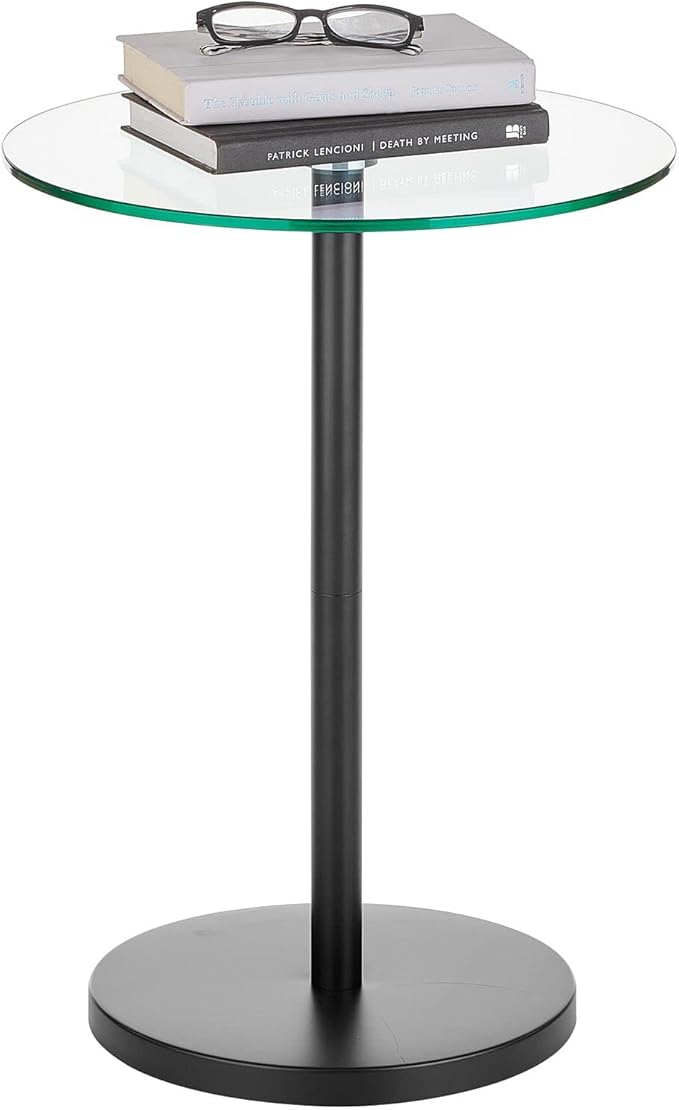 mDesign Glass Top Side/End Drink Table - Tall Modern Round Accent Metal Nightstand Furniture for Living Room, Dorm, Home Office, and Bedroom - 16" Round - Clear/Matte Black