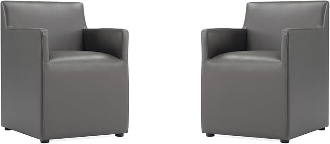 Manhattan Comfort Anna Square Modern Dining Chair with Arms, Head-to-Toe Faux Leather Upholstered Accent Armchair with Plastic Foot Padding, Set of 2, Pewter